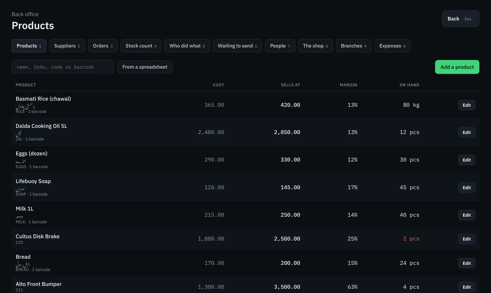 Back office product list with cost, selling price, margin and stock on hand, with Urdu product names